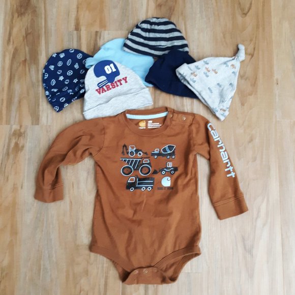 Carhartt Bodysuit Baby Boy Bundle With 6 Beanie Hat Caps - Picture 1 of 3